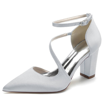 Women's Wedding Shoes Black Closed Toe Block Heel Crossed Straps Buckle Bridal Shoes