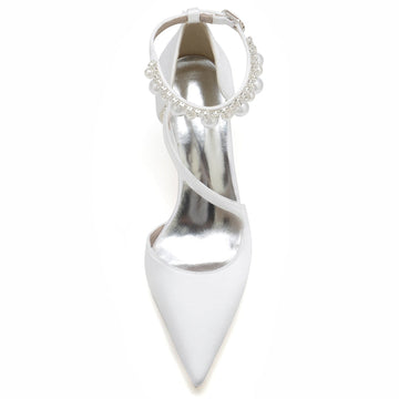Women's Wedding Shoes Pointed Toe Crossed Straps Buckle Sophisticated Bridal Shoes with Pearl