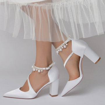 Women's Wedding Shoes Pointed Toe Crossed Straps Buckle Sophisticated Bridal Shoes with Pearl