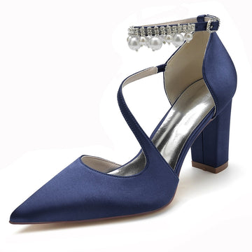 Women's Wedding Shoes Pointed Toe Crossed Straps Buckle Sophisticated Bridal Shoes with Pearl
