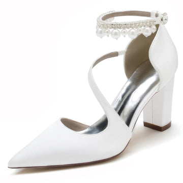 Women's Wedding Shoes Pointed Toe Crossed Straps Buckle Sophisticated Bridal Shoes with Pearl