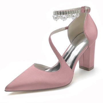 Women's Wedding Shoes Pointed Toe Crossed Straps Buckle Sophisticated Bridal Shoes with Pearl