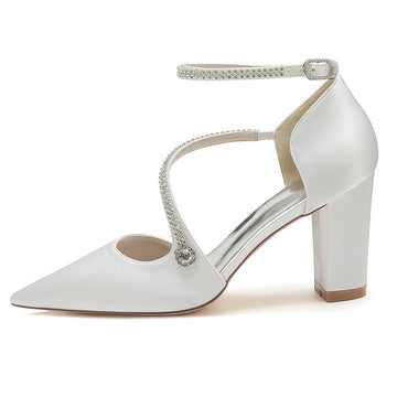 Women's Wedding Shoes Pointed Toe Block Heel Crossed Straps Buckle Bridal Shoes with Crystal