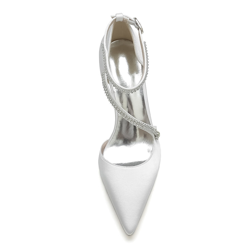 Women's Wedding Shoes Pointed Toe Block Heel Crossed Straps Buckle Bridal Shoes with Crystal