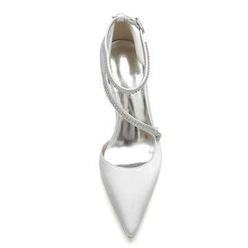 Women's Wedding Shoes Pointed Toe Block Heel Crossed Straps Buckle Bridal Shoes with Crystal
