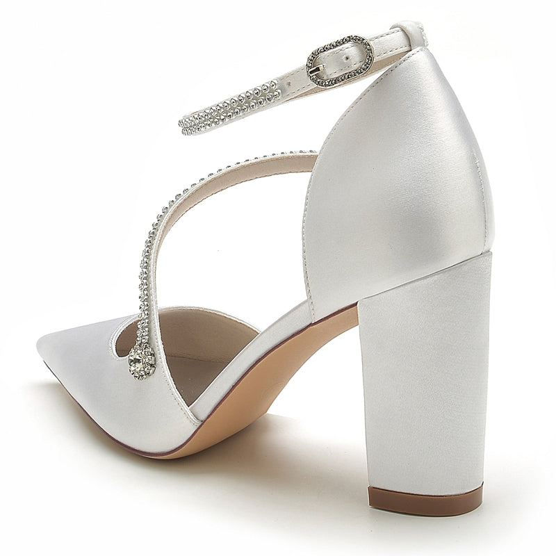 Women's Wedding Shoes Pointed Toe Block Heel Crossed Straps Buckle Bridal Shoes with Crystal