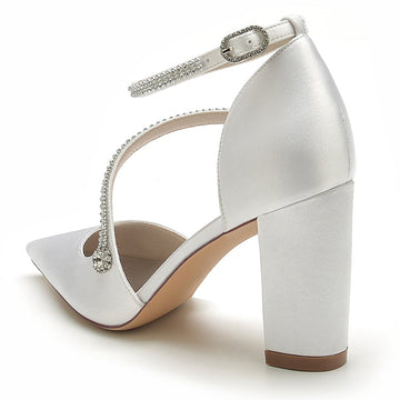 Women's Wedding Shoes Pointed Toe Block Heel Crossed Straps Buckle Bridal Shoes with Crystal