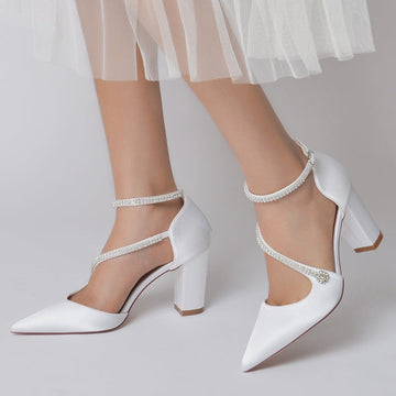 Women's Wedding Shoes Pointed Toe Block Heel Crossed Straps Buckle Bridal Shoes with Crystal