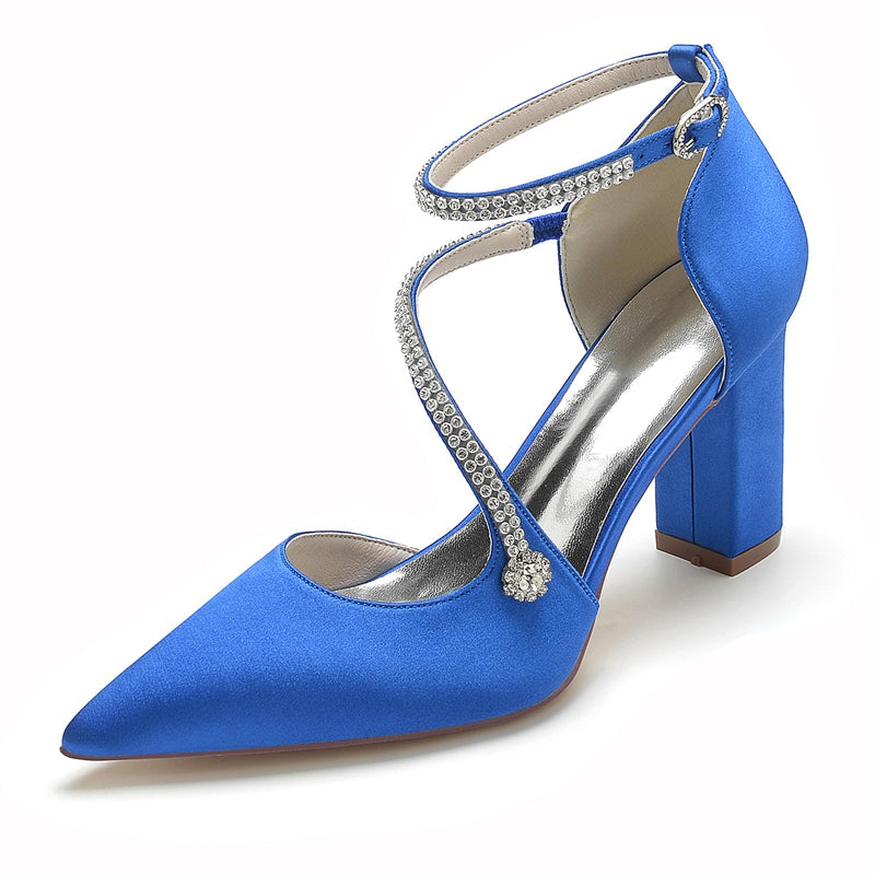 Women's Wedding Shoes Pointed Toe Block Heel Crossed Straps Buckle Bridal Shoes with Crystal