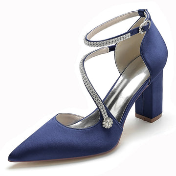 Women's Wedding Shoes Pointed Toe Block Heel Crossed Straps Buckle Bridal Shoes with Crystal