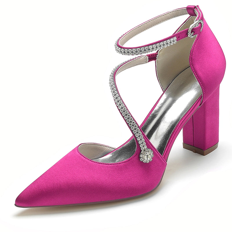 Women's Wedding Shoes Pointed Toe Block Heel Crossed Straps Buckle Bridal Shoes with Crystal