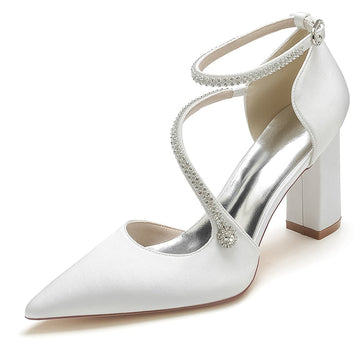 Women's Wedding Shoes Pointed Toe Block Heel Crossed Straps Buckle Bridal Shoes with Crystal