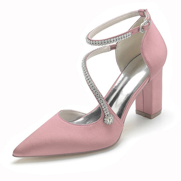 Women's Wedding Shoes Pointed Toe Block Heel Crossed Straps Buckle Bridal Shoes with Crystal