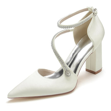 Women's Wedding Shoes Pointed Toe Block Heel Crossed Straps Buckle Bridal Shoes with Crystal