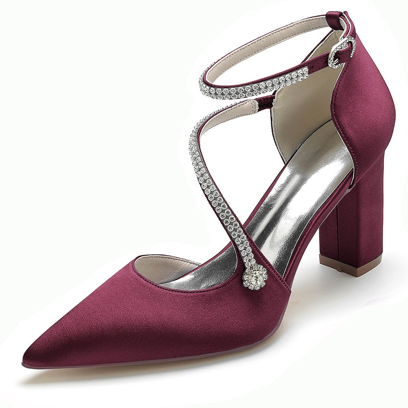 Women's Wedding Shoes Pointed Toe Block Heel Crossed Straps Buckle Bridal Shoes with Crystal