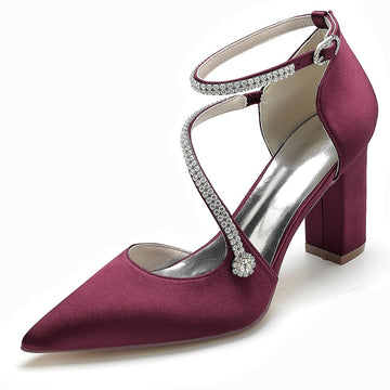 Women's Wedding Shoes Pointed Toe Block Heel Crossed Straps Buckle Bridal Shoes with Crystal