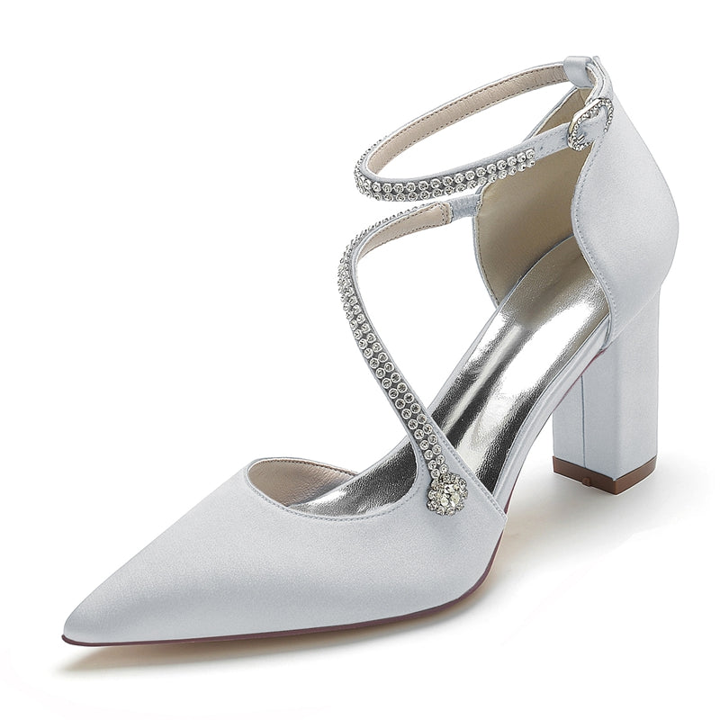 Women's Wedding Shoes Pointed Toe Block Heel Crossed Straps Buckle Bridal Shoes with Crystal