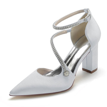 Women's Wedding Shoes Pointed Toe Block Heel Crossed Straps Buckle Bridal Shoes with Crystal
