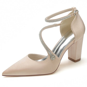 Women's Wedding Shoes Pointed Toe Block Heel Crossed Straps Buckle Bridal Shoes with Crystal