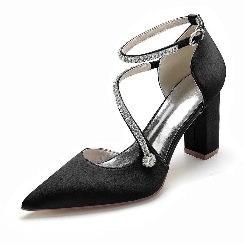 Women's Wedding Shoes Pointed Toe Block Heel Crossed Straps Buckle Bridal Shoes with Crystal