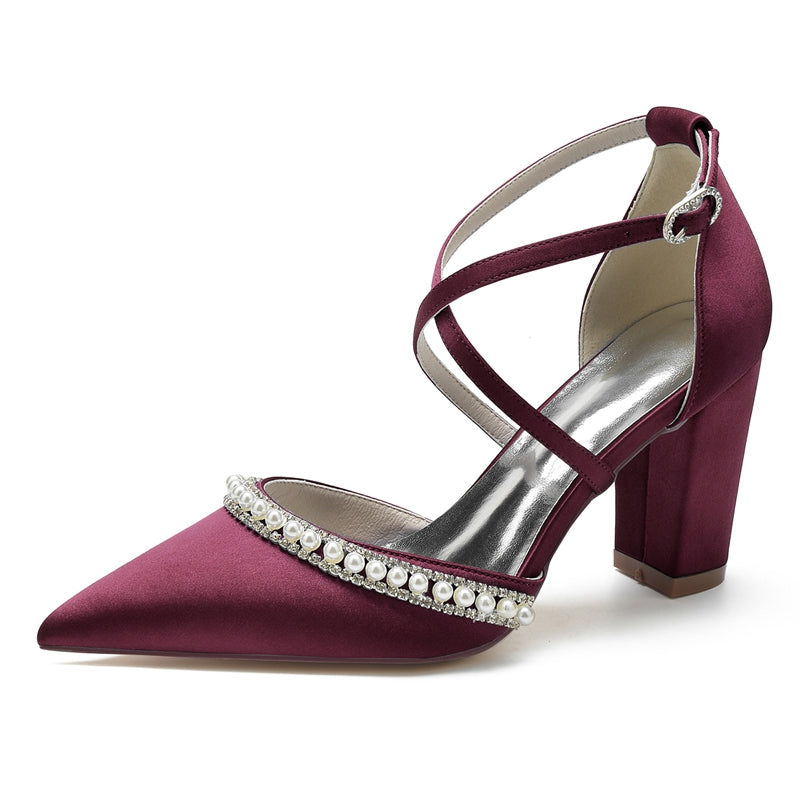 Women's Wedding Shoes Pointed Toe Chunky Heel Crossed Straps Bridal Shoes with Delicate Pearl