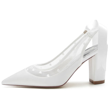 Women's Wedding Shoes Pointed Toe Block Heel Elegant Bridal Shoes with Printed Heart & Bow