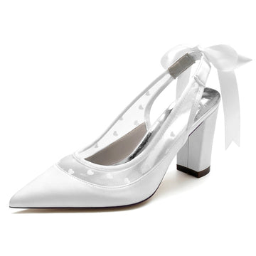 Women's Wedding Shoes Pointed Toe Block Heel Elegant Bridal Shoes with Printed Heart & Bow