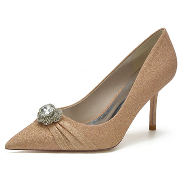 Women's Wedding Shoes White Pointed Toe High Heel Luxury Bridal Shoes with Rhinestone & Ruffles