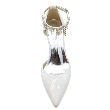 Women's Wedding Shoes Closed Toe Stiletto Heel Lace Buckle Bridal Shoes with Pearl Tassels