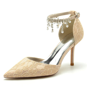 Women's Wedding Shoes Closed Toe Stiletto Heel Lace Buckle Bridal Shoes with Pearl Tassels