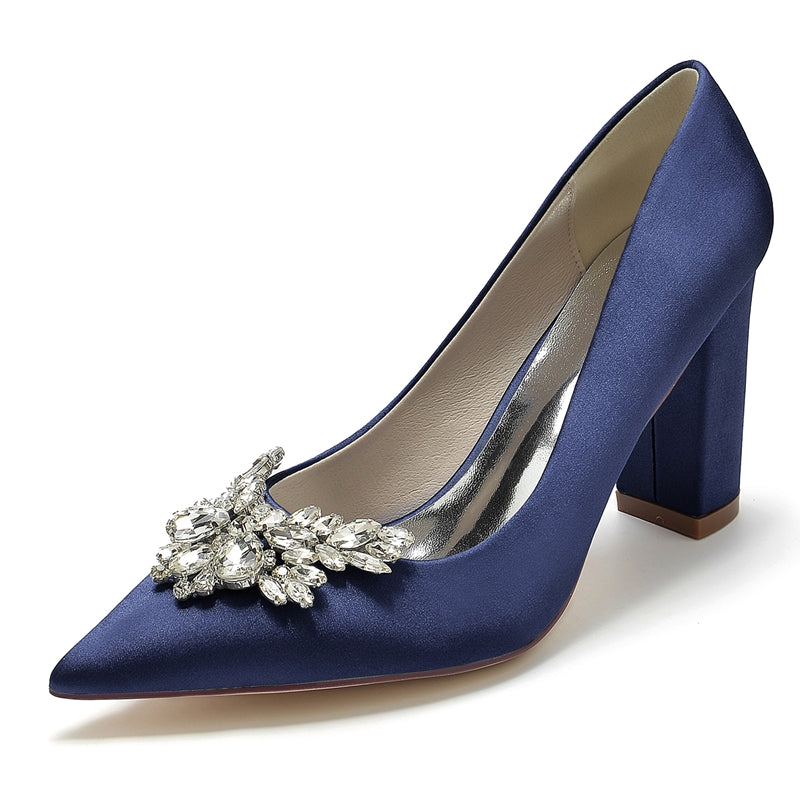 Women's Wedding Shoes Pointed Toe Chunky Heel Elegant Bridal Shoes with Rhinestone