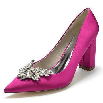 Women's Wedding Shoes Pointed Toe Chunky Heel Elegant Bridal Shoes with Rhinestone