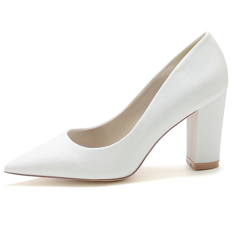 Women's Wedding Shoes Silver Pointed Toe Block Heel Minimalist Bridal Shoes