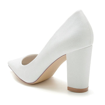 Women's Wedding Shoes Silver Pointed Toe Block Heel Minimalist Bridal Shoes