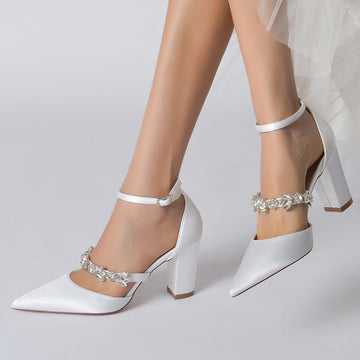 Women's Wedding Shoes Pointed Toe Chunky Heel Silk Satin Buckle Bridal Shoes with Rhinestone