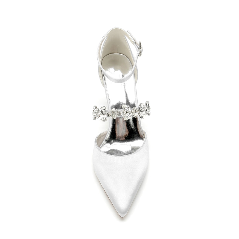 Women's Wedding Shoes Pointed Toe Chunky Heel Silk Satin Buckle Bridal Shoes with Rhinestone