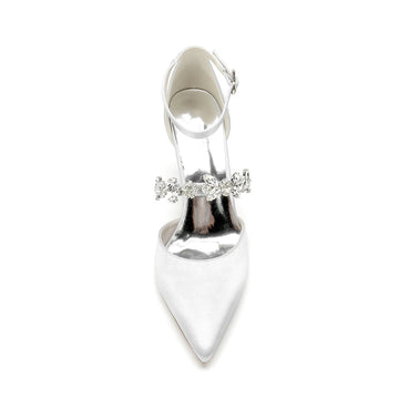 Women's Wedding Shoes Pointed Toe Chunky Heel Silk Satin Buckle Bridal Shoes with Rhinestone
