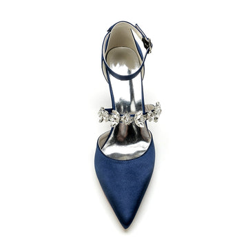 Women's Wedding Shoes Pointed Toe Chunky Heel Silk Satin Buckle Bridal Shoes with Rhinestone