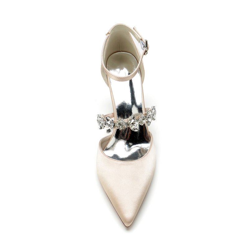 Women's Wedding Shoes Pointed Toe Chunky Heel Silk Satin Buckle Bridal Shoes with Rhinestone