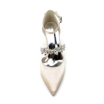 Women's Wedding Shoes Pointed Toe Chunky Heel Silk Satin Buckle Bridal Shoes with Rhinestone