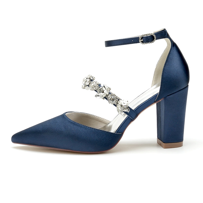 Women's Wedding Shoes Pointed Toe Chunky Heel Silk Satin Buckle Bridal Shoes with Rhinestone