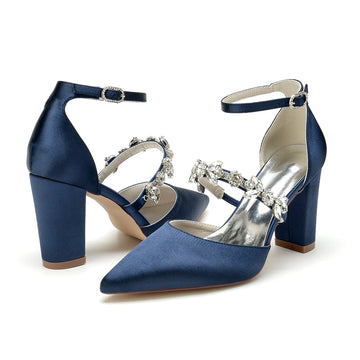 Women's Wedding Shoes Pointed Toe Chunky Heel Silk Satin Buckle Bridal Shoes with Rhinestone