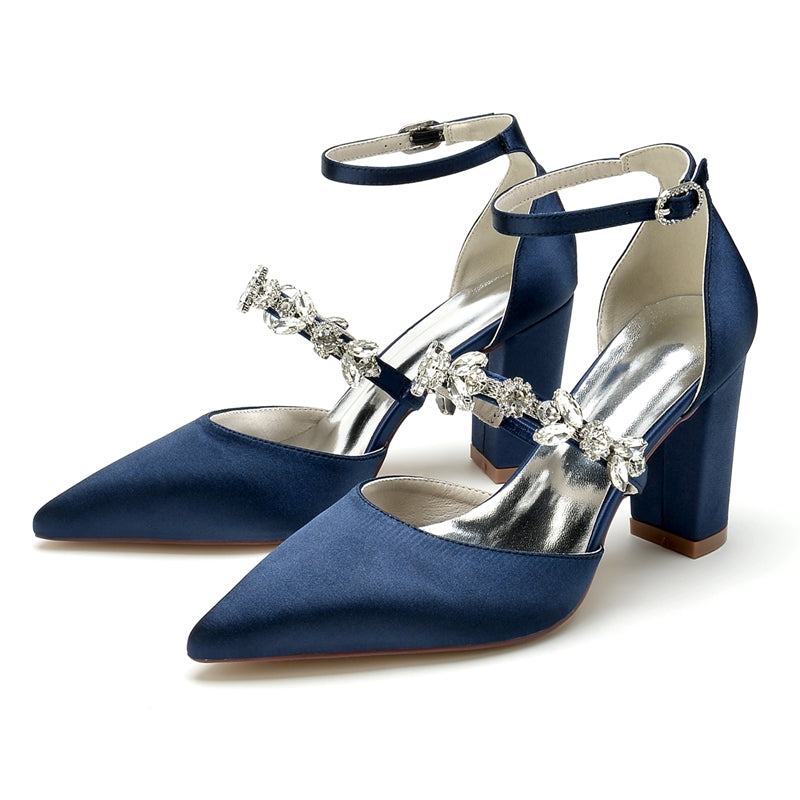 Women's Wedding Shoes Pointed Toe Chunky Heel Silk Satin Buckle Bridal Shoes with Rhinestone