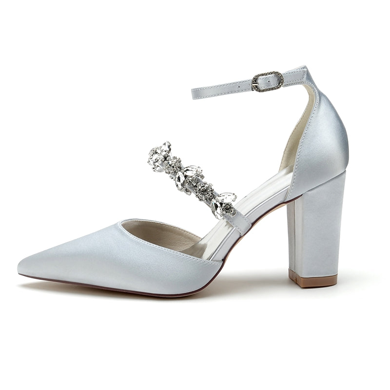 Women's Wedding Shoes Pointed Toe Chunky Heel Silk Satin Buckle Bridal Shoes with Rhinestone