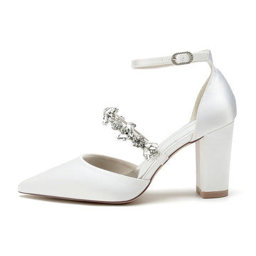 Women's Wedding Shoes Pointed Toe Chunky Heel Silk Satin Buckle Bridal Shoes with Rhinestone