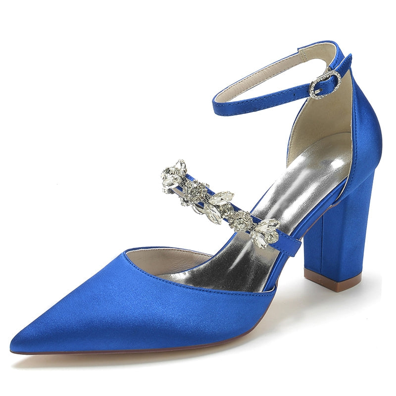 Women's Wedding Shoes Pointed Toe Chunky Heel Silk Satin Buckle Bridal Shoes with Rhinestone