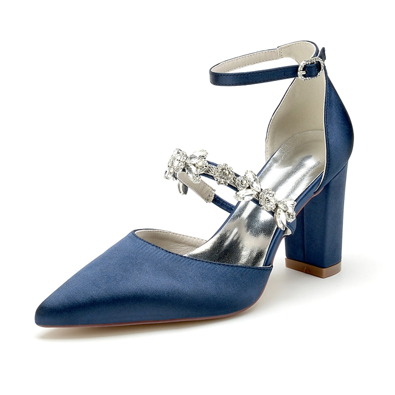 Women's Wedding Shoes Pointed Toe Chunky Heel Silk Satin Buckle Bridal Shoes with Rhinestone