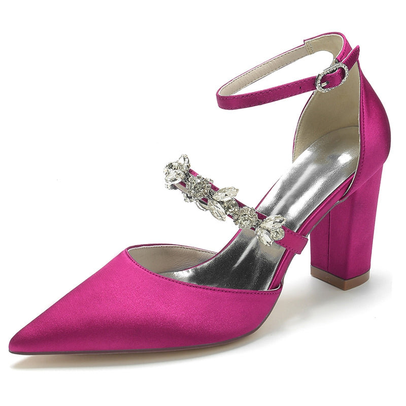 Women's Wedding Shoes Pointed Toe Chunky Heel Silk Satin Buckle Bridal Shoes with Rhinestone