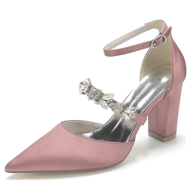 Women's Wedding Shoes Pointed Toe Chunky Heel Silk Satin Buckle Bridal Shoes with Rhinestone