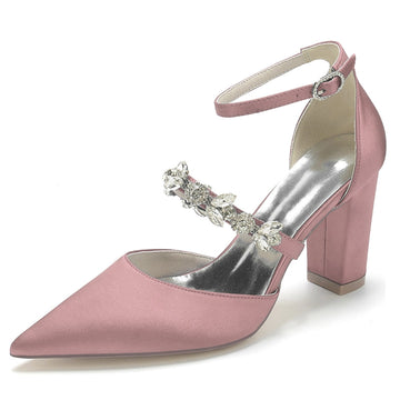 Women's Wedding Shoes Pointed Toe Chunky Heel Silk Satin Buckle Bridal Shoes with Rhinestone